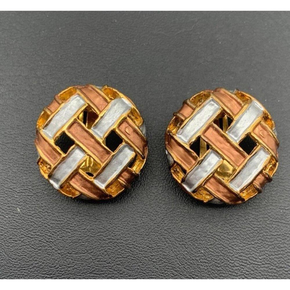Vintage Gold Tone Braided Clip On Earrings W Bronze And Silver Enamel Round